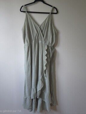 Sage Green Faux Wrap High-Low Midi Dress Size 3X | Ruffle Hem Cotton Dress